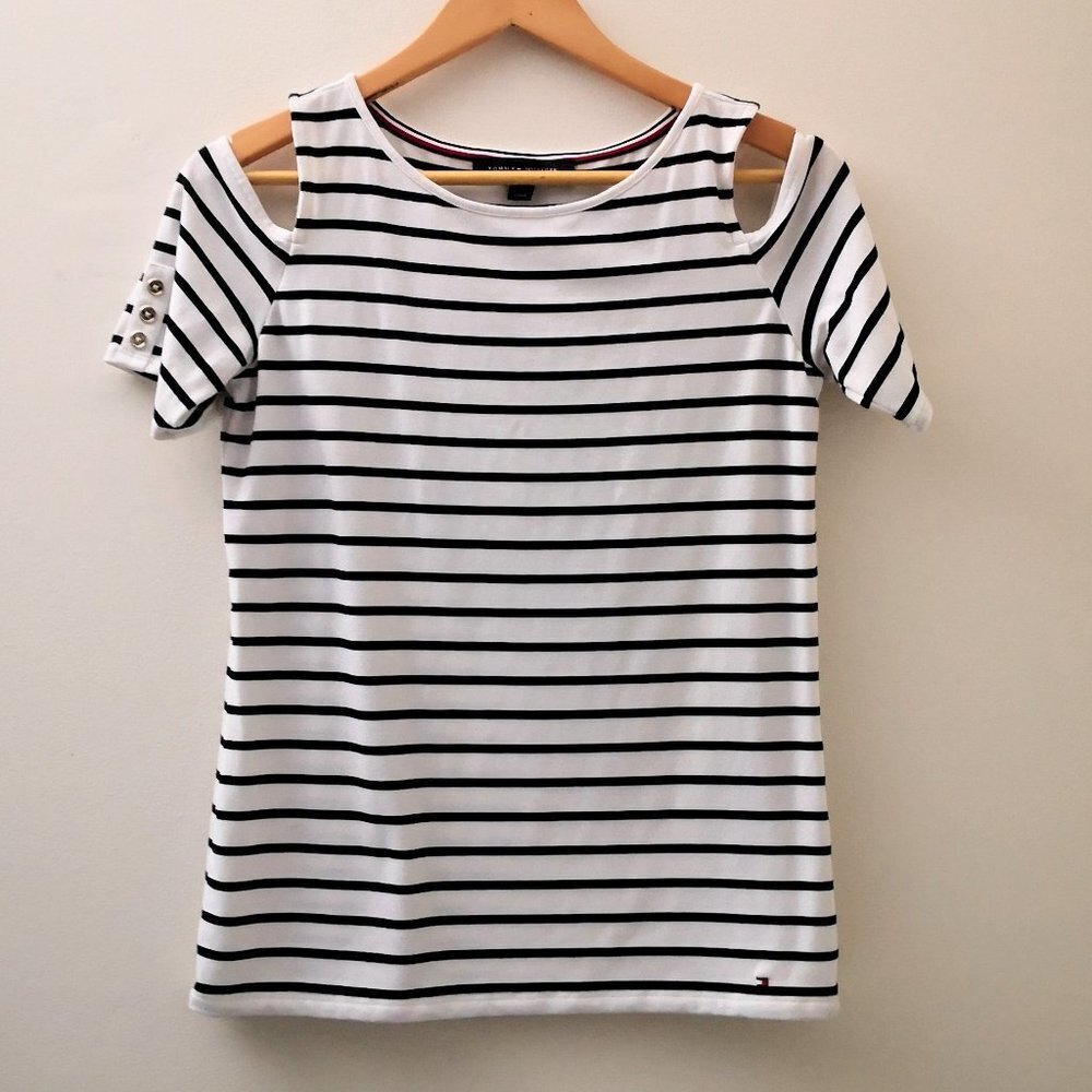 Tommy Hilfiger White & Black Striped Cold Shoulder Top Size Small